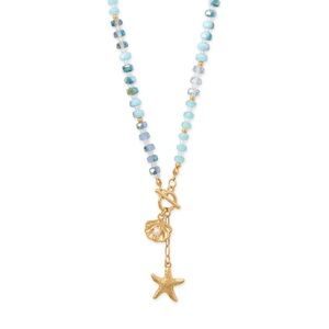 Seashell and Starfish Drop Toggle Necklace 16" Gold Tone